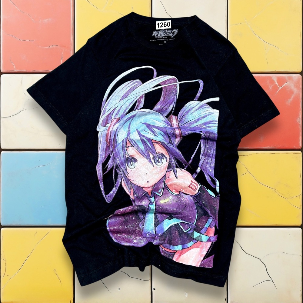 Y2K Hatsune Miku Anime Graphic T Shirt Black Womens‎ Size S AOP Tee Fortnite Art